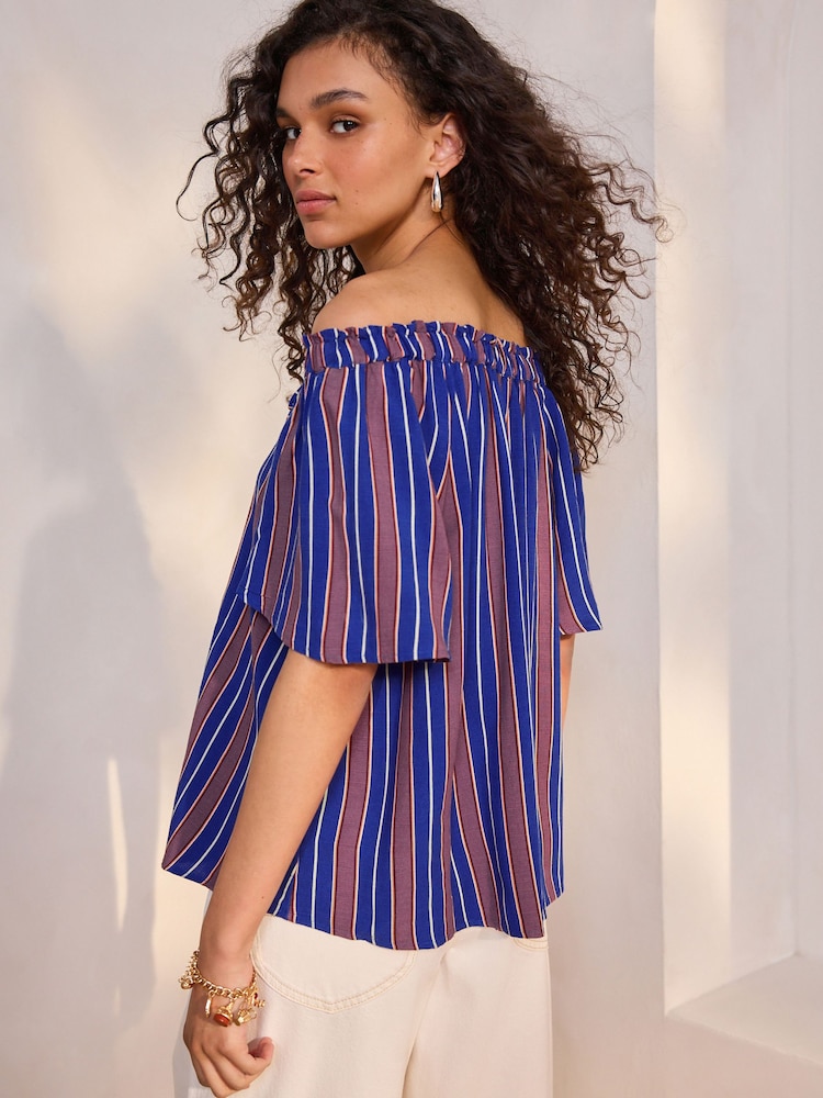 Blue/Purple Stripe Short Sleeve Tie Neck Bardot Top - Image 3 of 7
