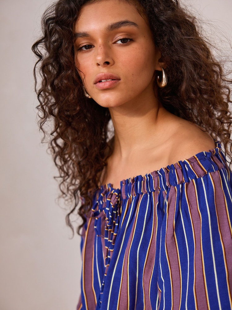 Blue/Purple Stripe Short Sleeve Tie Neck Bardot Top - Image 4 of 7