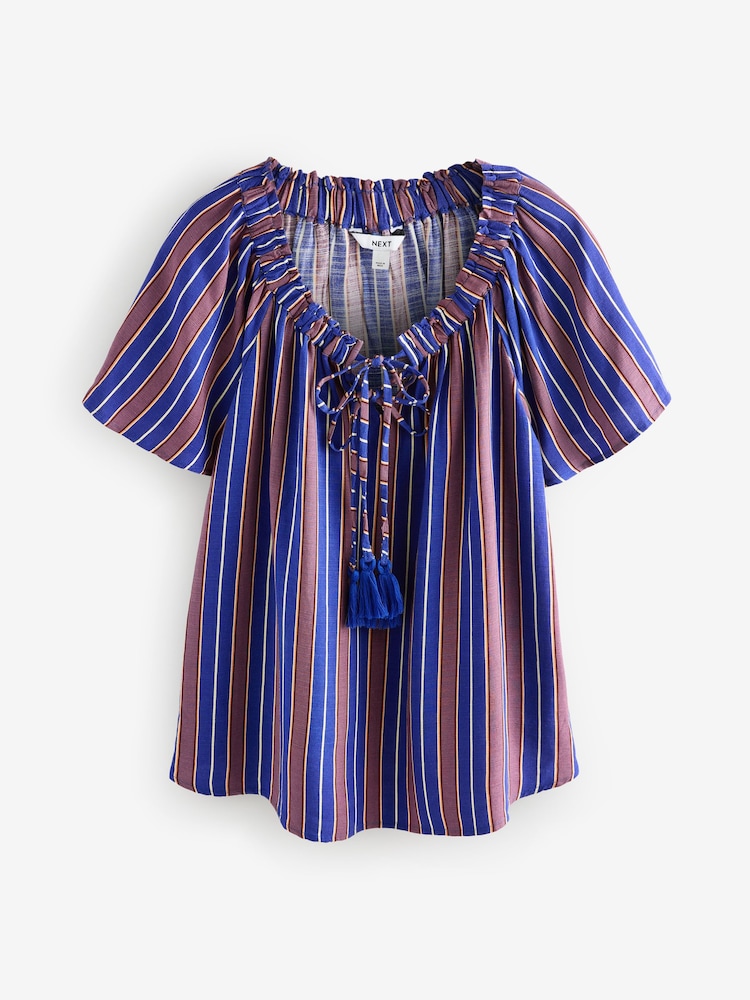 Blue/Purple Stripe Short Sleeve Tie Neck Bardot Top - Image 5 of 7