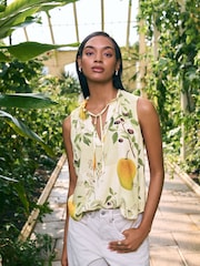 Kew Collection Green/Cream Mango Print Halter Tie Neck Sleeveless Top With Linen - Image 1 of 6