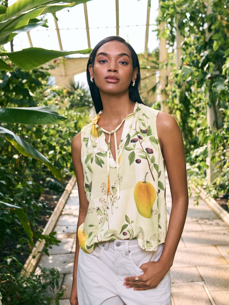 Kew Collection Green/Cream Mango Print Halter Tie Neck Sleeveless Top With Linen - Image 1 of 6