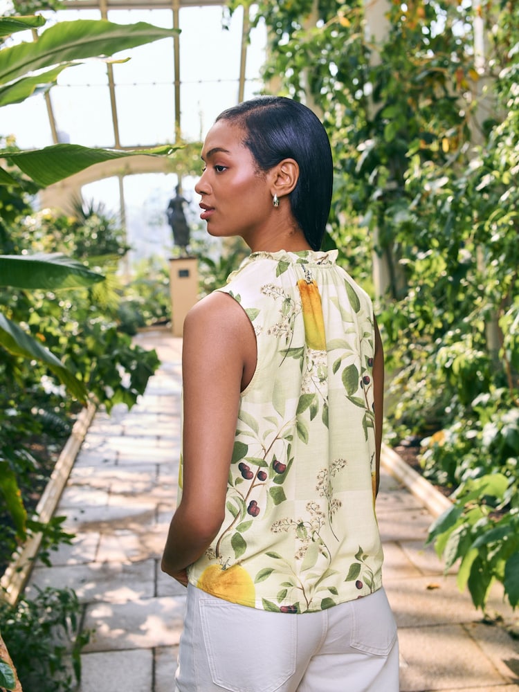 Kew Collection Green/Cream Mango Print Halter Tie Neck Sleeveless Top With Linen - Image 2 of 6