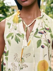 Kew Collection Green/Cream Mango Print Halter Tie Neck Sleeveless Top With Linen - Image 3 of 6