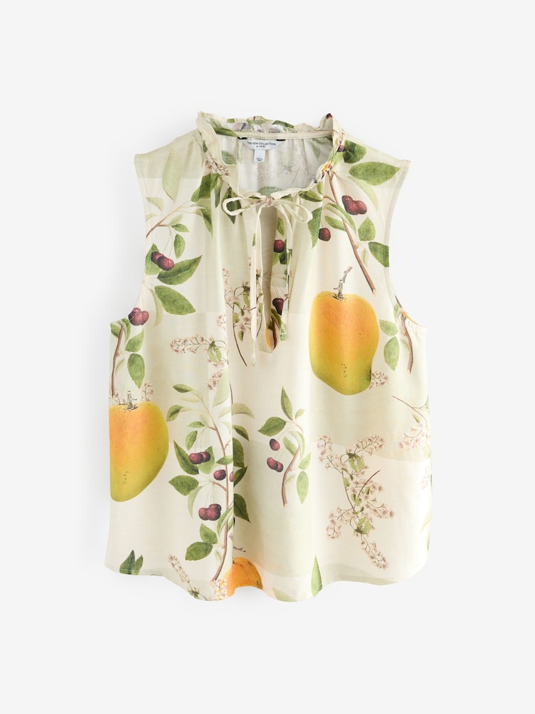 Kew Collection Green/Cream Mango Print Halter Tie Neck Sleeveless Top With Linen - Image 4 of 6