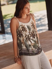 Tan/Cream Safari Animal Print Tassel Strappy Cami With Linen - Image 1 of 8
