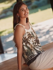 Tan/Cream Safari Animal Print Tassel Strappy Cami With Linen - Image 3 of 8