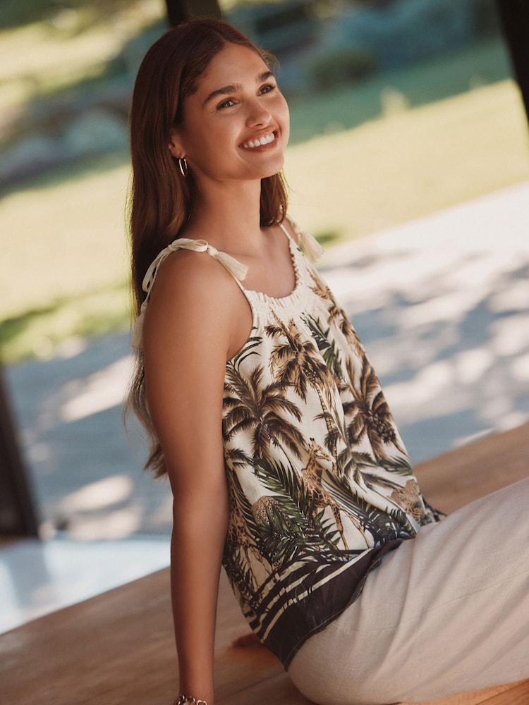 Tan/Cream Safari Animal Print Tassel Strappy Cami With Linen - Image 3 of 8