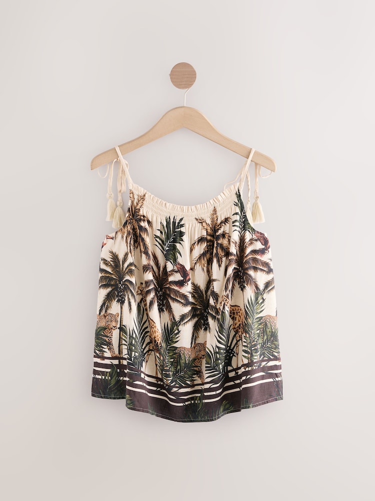 Tan/Cream Safari Animal Print Tassel Strappy Cami With Linen - Image 6 of 8