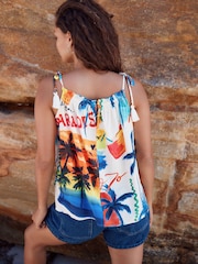 Multicoloured Summer Palm Print Tassel Strappy Cami With Linen - Image 4 of 7