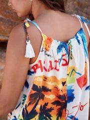 Multicoloured Summer Palm Print Tassel Strappy Cami With Linen - Image 5 of 7