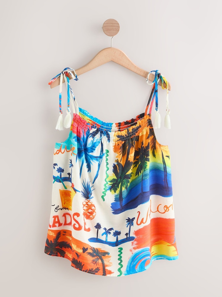 Multicoloured Summer Palm Print Tassel Strappy Cami With Linen - Image 6 of 7