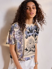 Blue/Cream Print Bubble Hem Boxy T-Shirt - Image 1 of 7