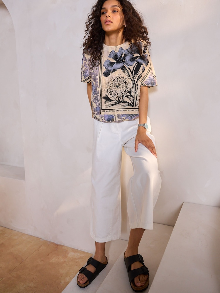 Blue/Cream Print Bubble Hem Boxy T-Shirt - Image 2 of 7