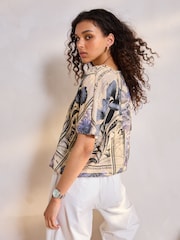 Blue/Cream Print Bubble Hem Boxy T-Shirt - Image 3 of 7