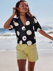 Navy Blue/White Spot Linen Blend Scallop Button Down Short Sleeve Blouse - Image 1 of 6