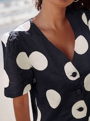 Navy Blue/White Spot Linen Blend Scallop Button Down Short Sleeve Blouse - Image 2 of 6