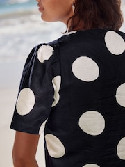 Navy Blue/White Spot Linen Blend Scallop Button Down Short Sleeve Blouse - Image 3 of 6