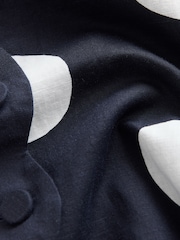 Navy Blue/White Spot Linen Blend Scallop Button Down Short Sleeve Blouse - Image 6 of 6