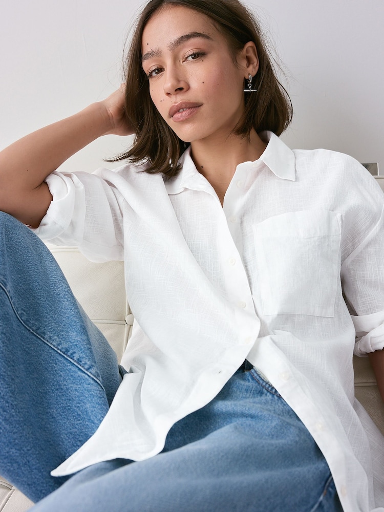 White Long Sleeve Shirt With Linen - Image 1 of 7