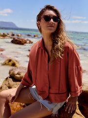 Rust Brown Linen Blend Short Sleeve Ladder Insert Shirt - Image 1 of 6