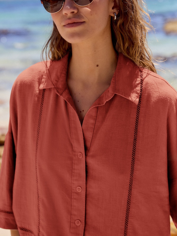 Rust Brown Linen Blend Short Sleeve Ladder Insert Shirt - Image 3 of 6