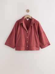 Rust Brown Linen Blend Short Sleeve Ladder Insert Shirt - Image 4 of 6