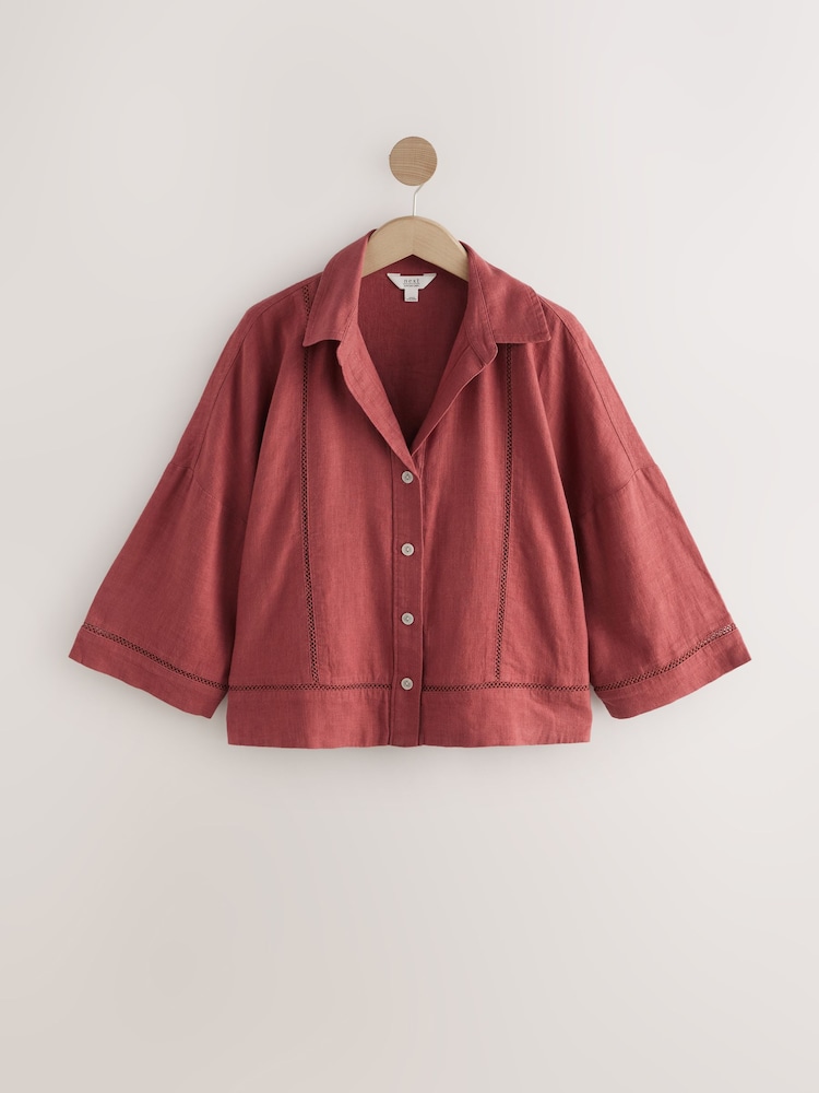 Rust Brown Linen Blend Short Sleeve Ladder Insert Shirt - Image 4 of 6