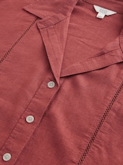 Rust Brown Linen Blend Short Sleeve Ladder Insert Shirt - Image 5 of 6