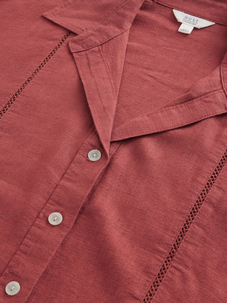 Rust Brown Linen Blend Short Sleeve Ladder Insert Shirt - Image 5 of 6