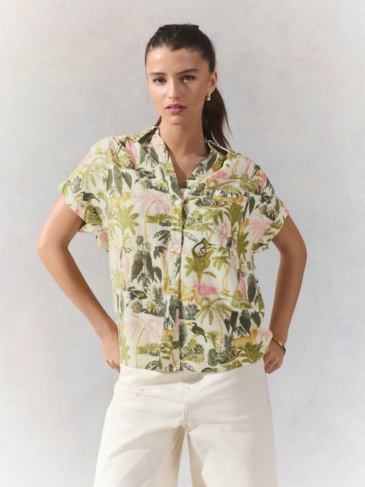 Animal/ Jungle Print Short Sleeve Shirt with Linen - Image 1 of 9