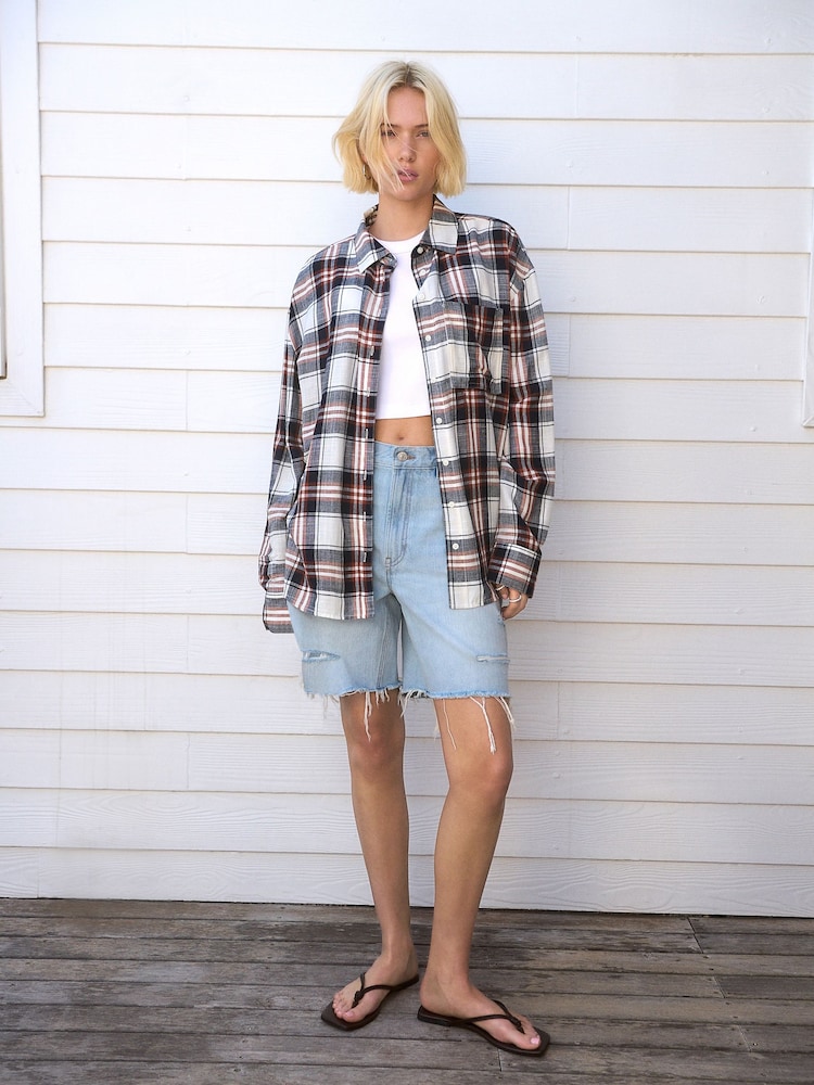 Navy Blue/Red Check Long Sleeve Shirt With Linen - Image 1 of 8
