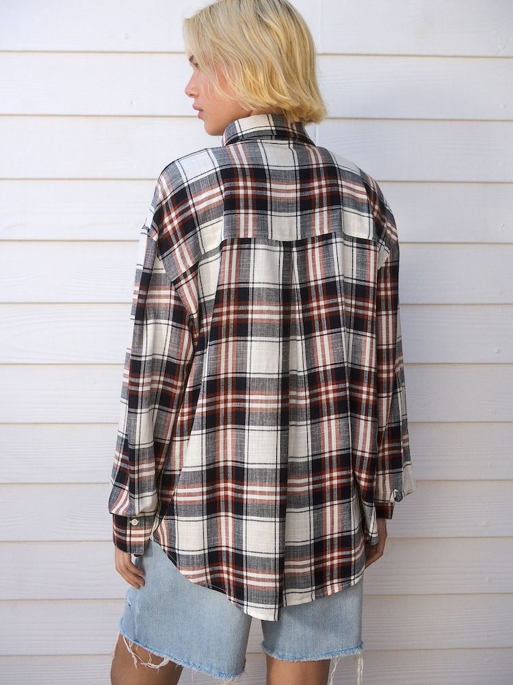 Navy Blue/Red Check Long Sleeve Shirt With Linen - Image 3 of 8