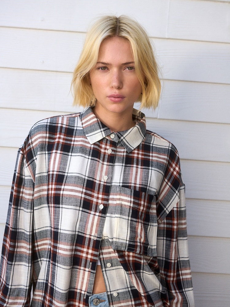 Navy Blue/Red Check Long Sleeve Shirt With Linen - Image 4 of 8