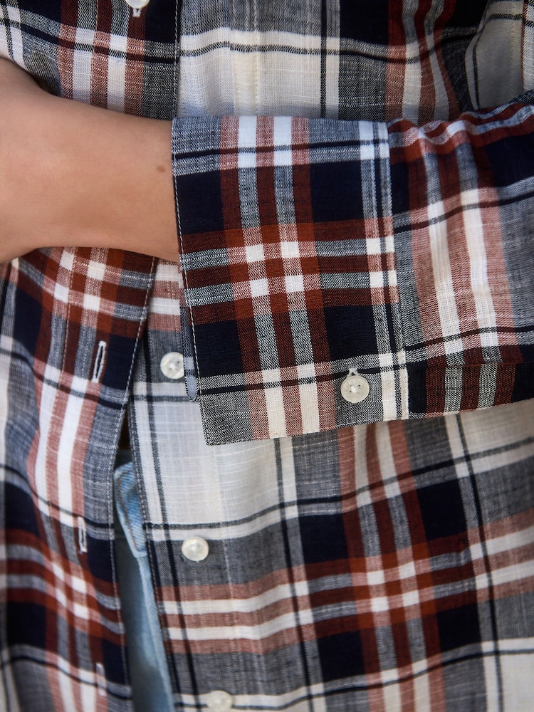 Navy Blue/Red Check Long Sleeve Shirt With Linen - Image 5 of 8