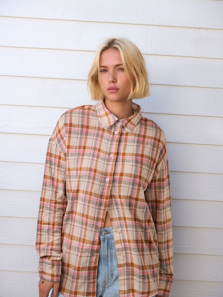 Pink/Yellow Check Long Sleeve Shirt With Linen - Image 1 of 6