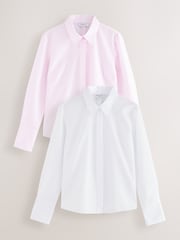 أبيض/وردي - Fitted Collared Long Sleeve Shirts 2 Pack - صورة 1 من 5