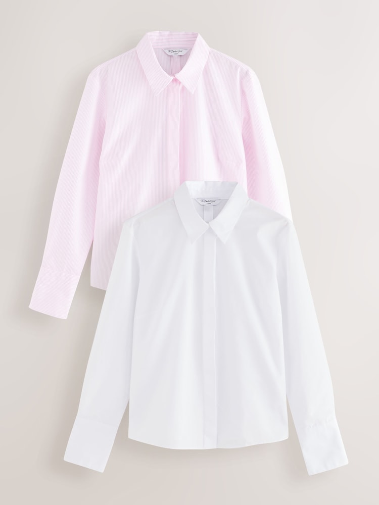 أبيض/وردي - Fitted Collared Long Sleeve Shirts 2 Pack - صورة 1 من 5