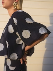 Navy/ White Spot Bubblehem Lightweight Puff Sleeve Top - Image 4 of 7