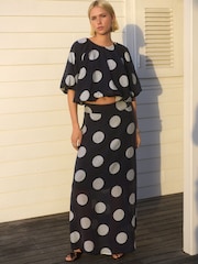 Navy/White Spot Drape Lightweight Maxi Skirt - Image 1 of 10