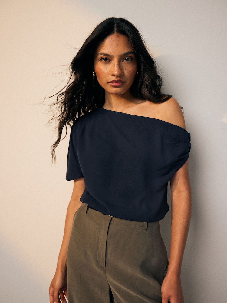 Navy Asymmetric Drape Short Sleeve Top - Image 1 of 8