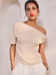 Cream Asymmetric Drape Short Sleeve Top - Image 1 of 8