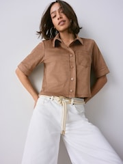 Tan Brown Faux Suede Short Sleeve Shirt - Image 1 of 8