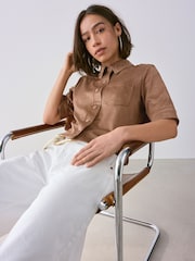 Tan Brown Faux Suede Short Sleeve Shirt - Image 2 of 8