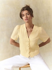 Lemon Yellow Linen Blend Scallop Button Down Short Sleeve Blouse - Image 1 of 8
