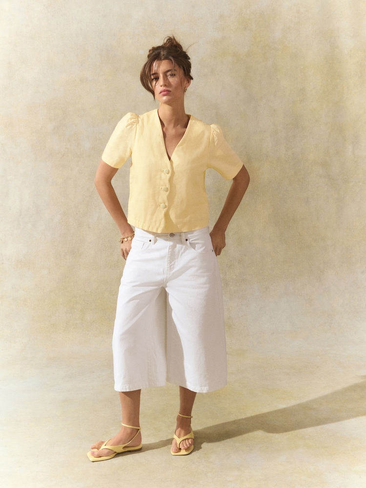 Lemon Yellow Linen Blend Scallop Button Down Short Sleeve Blouse - Image 2 of 8