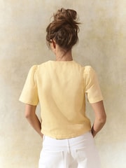 Lemon Yellow Linen Blend Scallop Button Down Short Sleeve Blouse - Image 4 of 8