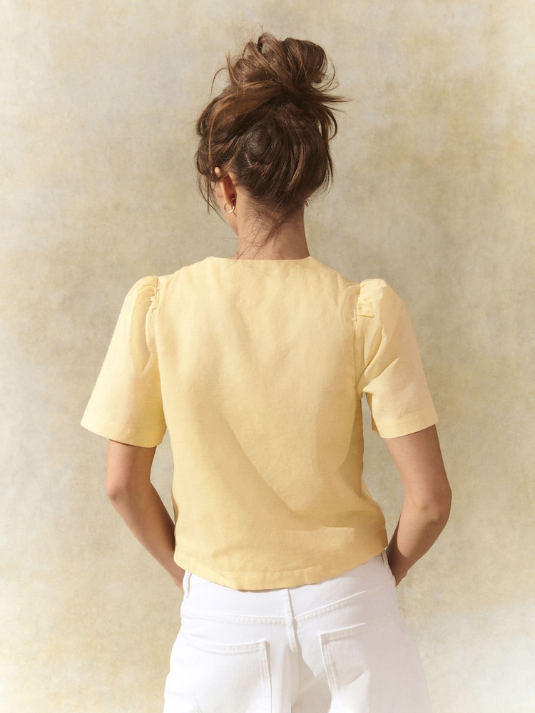 Lemon Yellow Linen Blend Scallop Button Down Short Sleeve Blouse - Image 4 of 8