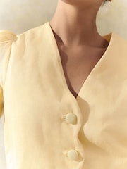 Lemon Yellow Linen Blend Scallop Button Down Short Sleeve Blouse - Image 5 of 8