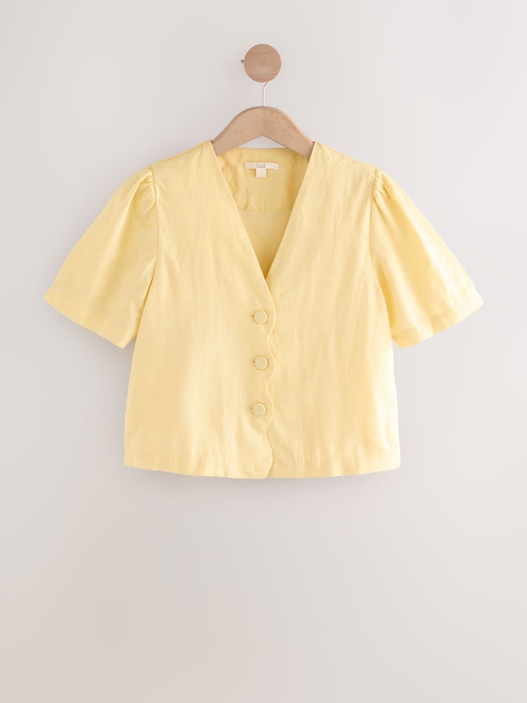 Lemon Yellow Linen Blend Scallop Button Down Short Sleeve Blouse - Image 6 of 8