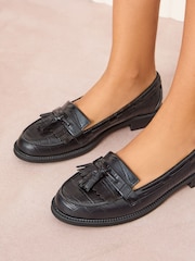 Friends Like These Black Tassel Croc Effect Slip on Flat Faux Leather Loafers - Image 1 of 4
